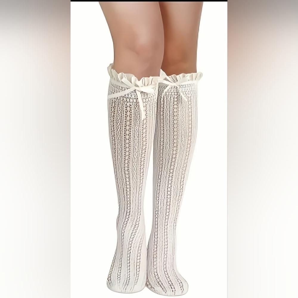 White Lace Bow Under-the-Knee Socks Calf Highs Ruffle Trim One Size